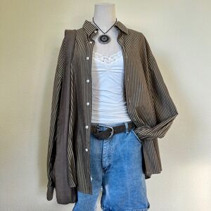 Indie Skater Grunge Stripe Cotton Shirt Brown Tan Button Up Long Sleeve XXL Dad